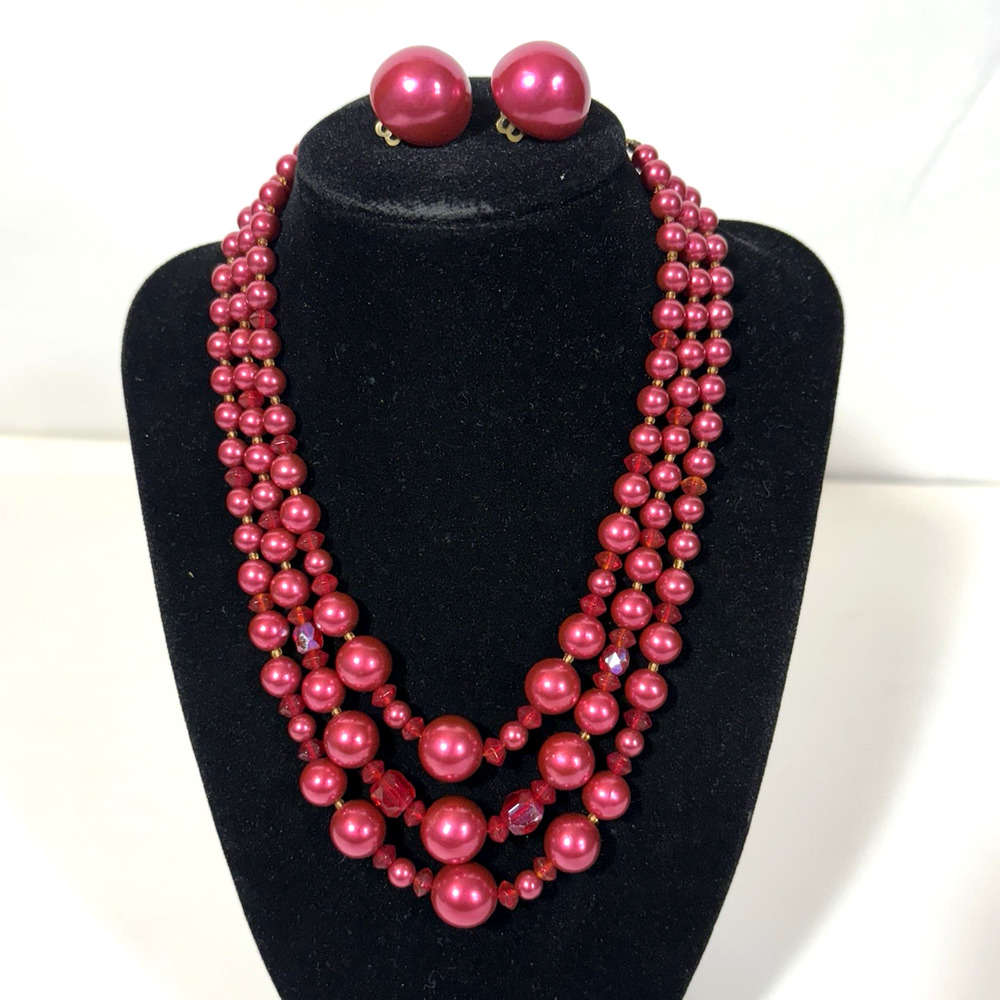 Wine Red Necklace Earrings Triple Strand Vintage Faux Pearl MCM Retro Beads